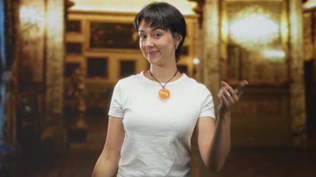 Woman with short hair wearing orange pendant and white tshirt points finger to cheek in building with chandeliers and paintings; playful confidence.