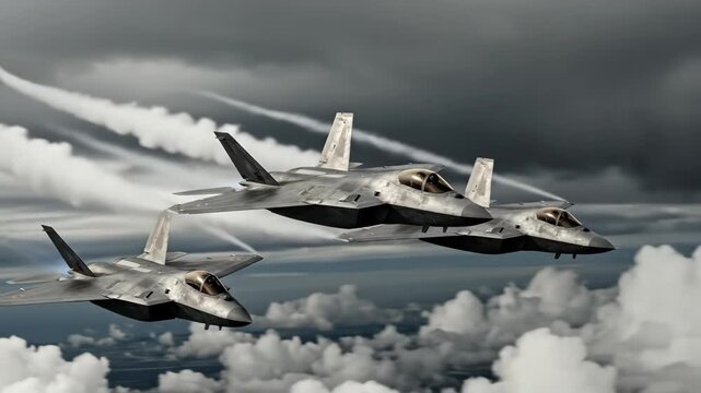 Dynamic formation of fighter jets flying through dramatic cloudscapes in highspeed aerial sequence