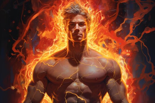 Muscular man surrounded by glowing fire and electrical energy