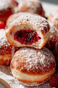 Fresh jam filled donuts dusted with powdered sugar showing sweet dessert indulgence, bakery treats and homemade comfort food