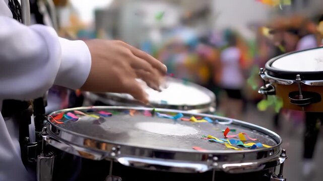 Drummer performing dynamic rhythm on snare drum, hands in motion, colorful confetti scattered, capturing vibrant energy of celebration and musical expression