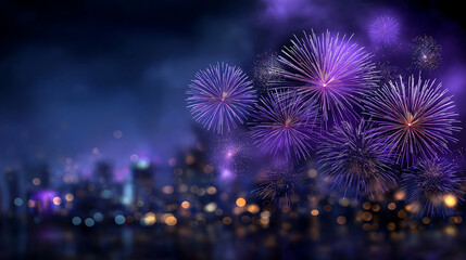 New year 2026 party background banner panorama long format, purple firework display on rustic dark night sky defocused, celebration atmosphere, pyrotechnic show, with copy space