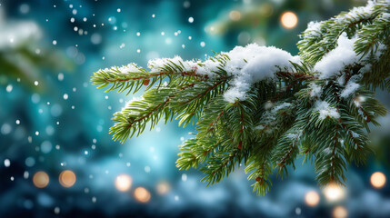Snowy winter holiday celebration greeting card with text, closeup of evergreen tree branch and snow, defocused blurred background, seasonal close-up, festive nature, with copy spac
