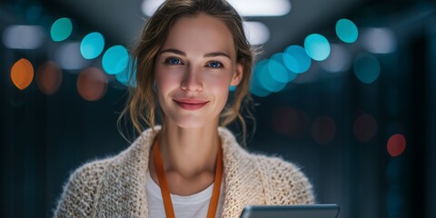 Portrait of a smiling female IT engineer holding a tablet in a dark data center with bokeh lights, concept for technical presentation, corporate success and digital transformation