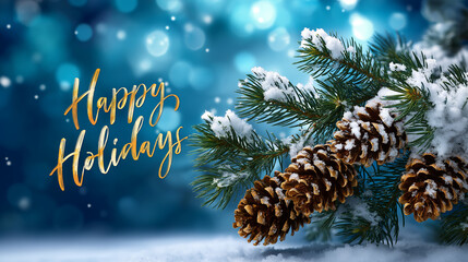 Snowy winter holiday celebration greeting card with text, closeup of evergreen pine branch with pine cones and snow, defocused blurred background, winter detail, with copy space