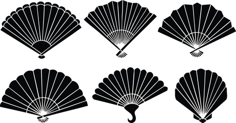 Flat design radial folding fan set black silhouette top view six hand fans arranged in ornamental pattern close up vector icon elegant vintage asian traditional decorative