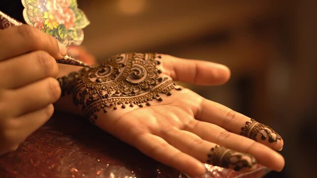 Intricate henna design being applied on a hand, showcasing detailed patterns and artistry, capturing the essence of traditional body art in a vibrant setting