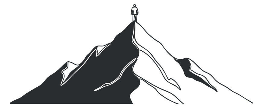 A silhouette of a person standing on a mountain peak in minimalist black and white vector style, ideal for adventure and motivational designs - Powered by Adobe