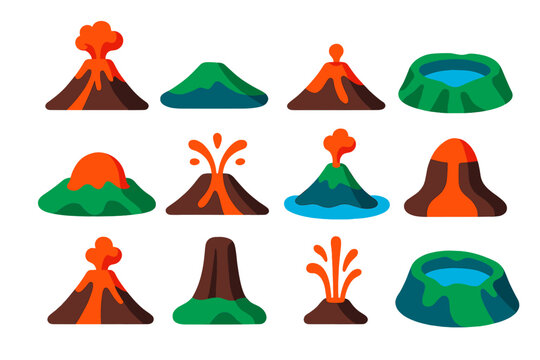 Volcano Icon Set. Flat vector icons of volcano types: stratovolcano, shield volcano, cinder cone, caldera, lava dome, fissure vent