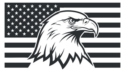 A bold eagle head silhouette against a distressed American flag in black and white vector style, perfect for patriotic designs