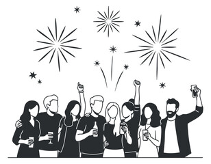 A group of friends celebrating with drinks and fireworks in black and white vector style, perfect for festive invitations and party themes