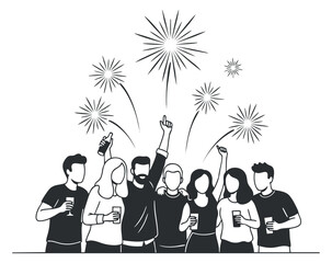 A group of friends celebrating with drinks and fireworks in black and white outline vector style, ideal for party and event themes