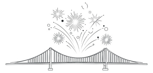 A bridge with fireworks in an outline vector style, ideal for event promotions and celebratory designs