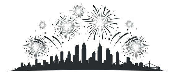 A city skyline with fireworks bursting in the night sky in black silhouette vector style, ideal for celebrations and events