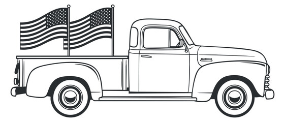 A vintage pickup truck with two waving American flags in black and white outline vector style, ideal for patriotic designs and events