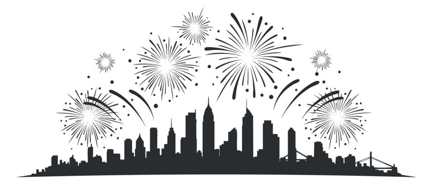 A city skyline with fireworks bursting in the night sky in black silhouette vector style, ideal for celebrations and events