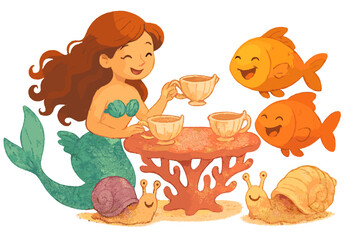 Mermaid Tea Party. Mermaid tea party with seashell cups, giggling fish guests, coral table, and smiling sea snails No text, No