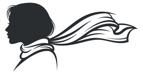 Obraz premium A silhouette of a woman with flowing hair and scarf in black and white vector style, suitable for fashion and lifestyle branding