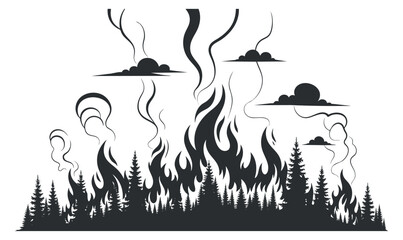 A stylized illustration of a forest fire with flames and smoke in black vector style, suitable for environmental awareness campaigns