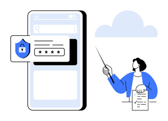 Smartphone with password entry form, security shield icon, and a user holding a document while explaining. Ideal for cybersecurity, online safety, password management, education, tutorials, data