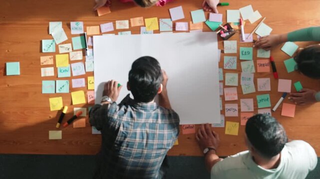 Top down view of manager writing and sharing idea by using mind map. Aerial view of smart business team working together and planning by writing in paper and drafting strategy with pencil. Symposium.
