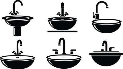Line art bathroom sink and faucet icon set showing six basin silhouettes in side front and top angles minimalist black vector illustration for plumbing technical layouts