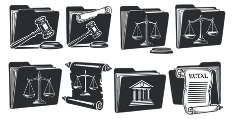 Legal document folders and law icons in black and white illustration style, vector illustration isolated on transparent background.