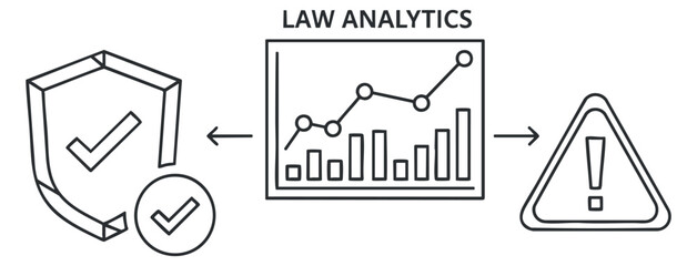 A law analytics illustration featuring checkmarks, a data graph, and a warning symbol in minimalist vector style, suitable for legal technology branding