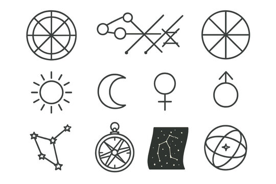 Astrology Line Icons. Line style icons of Astrology Study: Natal Chart, Planetary Alignment, House Division, Zodiac Sign; Sun