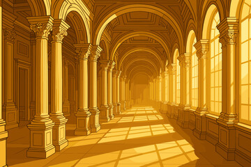 Fototapeta premium Elegant Architectural Hallway. Grand architectural hallway with ornate columns and soft golden light streaming through, luxurious