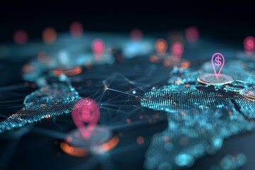 Digital world map covered in glowing dots with dollar-marked location pins highlighting global financial connections, concept for global finance, fintech solutions and market analysis