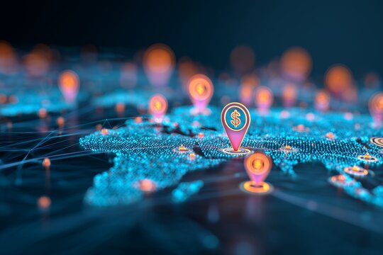 Digital world map covered in blue dots and connected networks featuring dollar location markers prominently, concept for global investment, banking and data analysis - Powered by Adobe