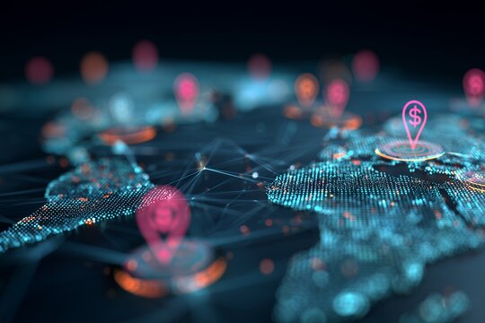 Digital world map covered in glowing dots with dollar-marked location pins highlighting global financial connections, concept for global finance, fintech solutions and market analysis - Powered by Adobe