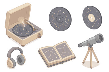 Vintage Vinyl Astronomy. Isometric vector illustration set of Vintage Vinyl Astronomy: record player with cosmic pattern, vinyl
