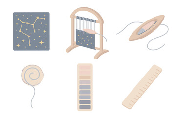 Celestial Fiber Workshop. Isometric vector illustration set of Celestial Fiber Workshop: constellation-pattern fabric, curved