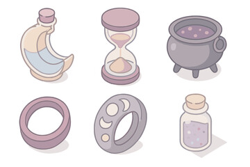 Nocturnal Apothecary Icons. Isometric vector illustration set of Nocturnal Apothecary Set: crescent bottle, sand timer, small