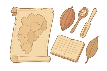 Cacao Region Icons. Isometric vector illustration set of Cacao Region Chart: parchment map with regions, cocoa pod, tasting spoon,