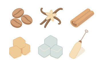 Specialty Coffee Ingredients. Isometric vector illustration set Specialty Coffee Ingredients: roasted coffee beans, vanilla pod,