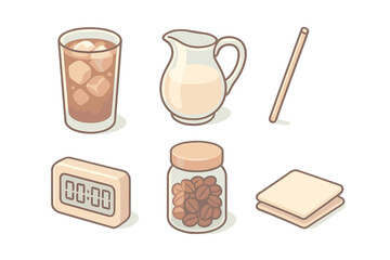 Refreshing Brew Icons. Isometric vector illustration set of Refreshing Brew Setup: tall glass with ice coffee, milk carafe, straw,