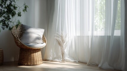 Scandinavian interior corner with linen curtains and subtle pine accent, quiet holiday mood