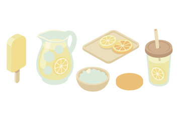 Citrus Chill Icons. Isometric vector illustration set Citrus Chill Bar: lemon popsicle, glass pitcher with ice, citrus slices on