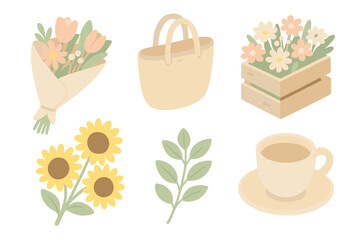 Weekend Bloom Market. Isometric vector illustration set Weekend Bloom Market: folded paper bouquet, woven tote bag, flower crate,