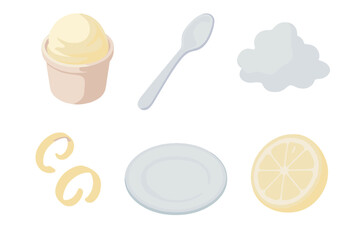 Frozen Lemon Delight. Isometric vector illustration set Frozen Lemon Dream: lemon sorbet cup, frosted spoon, icy mist effect,