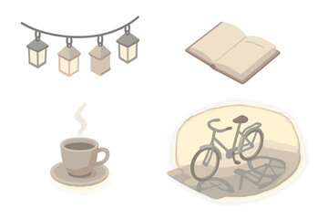 Quiet Street Icons. Isometric vector illustration set Quiet Street Melody: hanging lanterns on string, cobblestone crossroad, open