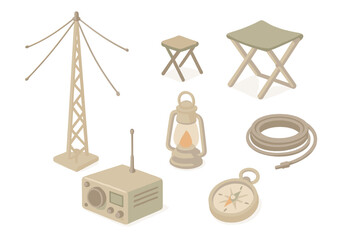 Isometric Caravan Station Icons. Isometric vector illustration set Caravan Broadcast Station: shortwave antenna mast, folding