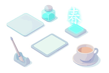 Futuristic Shodo Workspace. Isometric vector illustration set Futuristic Shodo Desk: transparent writing mat, luminescent ink pot,