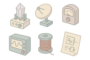 Resonant Energy Icons. Isometric vector illustration set Resonant Energy Workshop: crystal receiver core, antenna dish, voltage