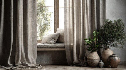 Scandinavian interior corner with linen curtains and subtle pine accent, quiet holiday mood