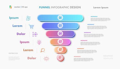 Funnel infographic 6 step or option 3d glassmorphism for business strategy, presentation, sale strategy, start up project, theory basic operation, logic analysis