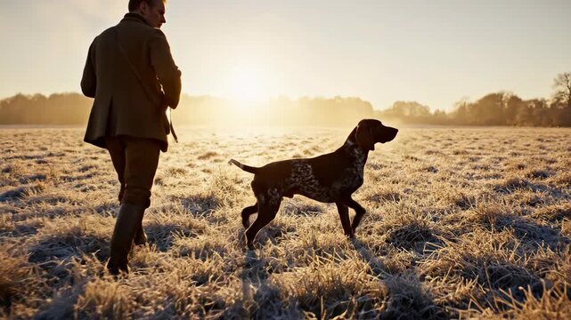 Hunter man walking with a hunting dog in a field during sunrise, hunting season concept with a pointing dog footage.